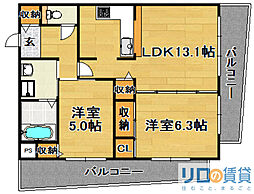 キャニスコート上新庄 2LDKの間取図画像