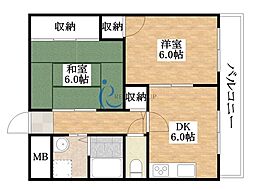 エレガンス喜連 2DKの間取図画像