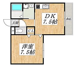 クイーンライフ桑津 1DKの間取図画像