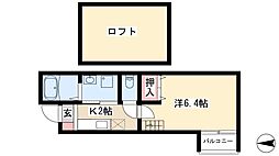 カーサ・ルチア千種Ｂ 2階1Kの間取り