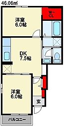 グーテンタークつなわきA 2DKの間取図画像