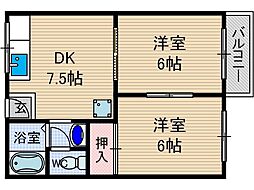 矢頭ハイツB棟 2DKの間取図画像