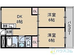 ローズハイツ茨木 2DKの間取図画像