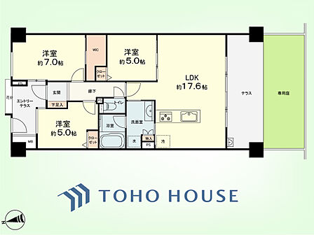3LDK 専有面積75.51平米、バルコニー面積13.2平米
