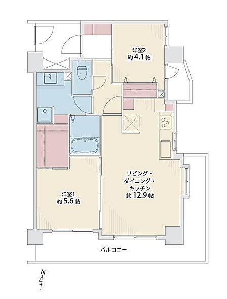 2LDK 専有面積55.06平米、バルコニー面積13.41平米