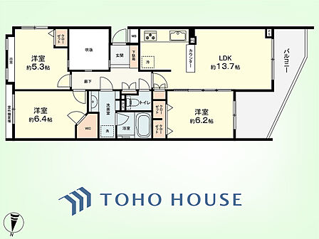 3LDK 専有面積71.98平米、バルコニー面積12.06平米