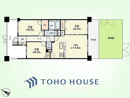 3LDK 専有面積70.63平米、テラス面積11.52平米、専用庭面積22.6平米