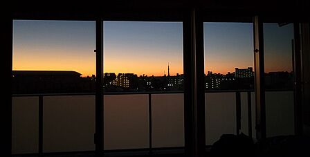 リビングの掃き出し窓から見える夕方の眺望(眺望は永続的に保証されるものではありません)
