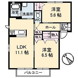 リッシュ安芸中野　B棟 2階2LDKの間取り