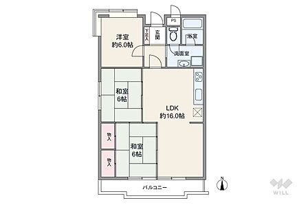 間取りは専有面積72.04平米の3LDK。LDK約16帖のプラン。バルコニー面積は8.28平米です。