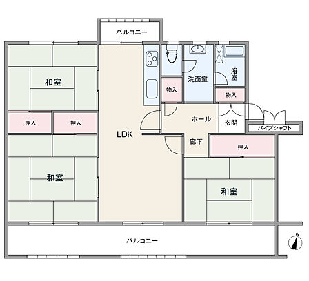 間取りは専有面積79.14平米の3LDK。バルコニー面積は19.50平米です。