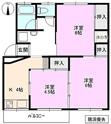 フラット三輪B 3Kの間取図画像