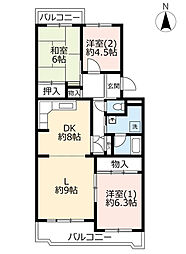 UR都市機構洛西竹の里団地6棟 3LDKの間取図画像