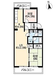 UR都市機構洛西福西公園団地1棟 2LDKの間取図画像