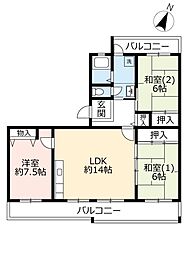 UR都市機構奈良青山一丁目団地5棟 3LDKの間取図画像