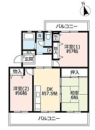 UR都市機構高の原駅東団地8号棟 3DKの間取図画像