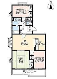 UR都市機構アミティ光台5号棟 3LDKの間取図画像