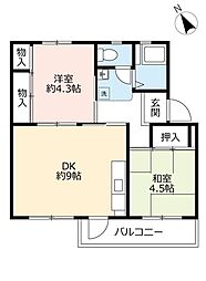 UR都市機構中登美団地C-3 2DKの間取図画像
