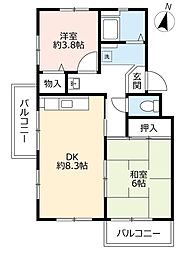 UR都市機構中登美団地C-3 2DKの間取図画像
