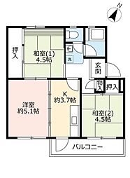 UR都市機構中登美団地C-3 3Kの間取図画像