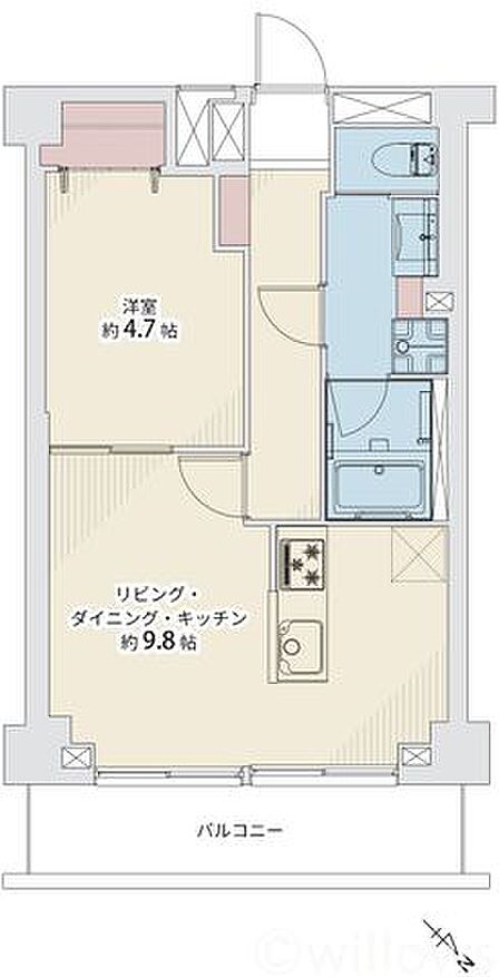 1LDK 専有面積40m2、バルコニー面積6m2