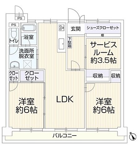 2LDK(S)全居室がバルコニーに面した贅沢な配置^^約3.5帖のサービスルームは、テレワーク部屋、シアタールーム、ファミリークローゼットとしても活用可能。SIC、全居室収納付きなど収納充実の間取り。