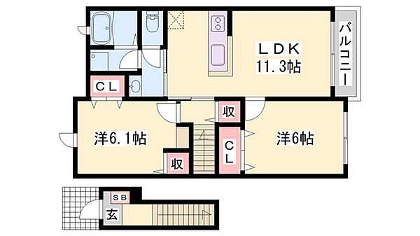 Ｈｙｕ－Ｆｏｒｓｃｈ～和～ ｜兵庫県たつの市龍野町富永(賃貸アパート2LDK・2階・57.07㎡)の写真 その2