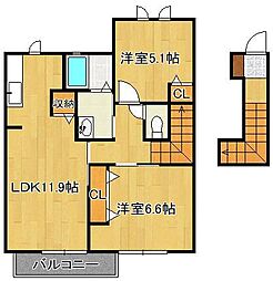 エーアスト湯川B 2LDKの間取図画像