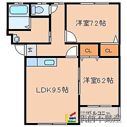シャロム朝倉 2LDKの間取図画像