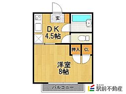 ピュア西新C棟 2階1DKの間取り