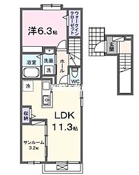 フランメゾンII 2階1LDKの間取り