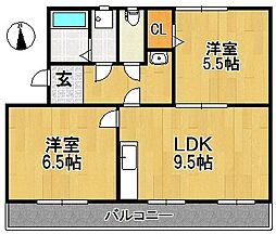 コンチェルト東合川1 2LDKの間取図画像