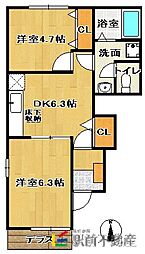 ラフィーネB 2DKの間取図画像