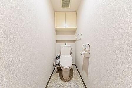 トイレの上部には収納付。トイレットペーパー等、買い置きもしやすそうです。