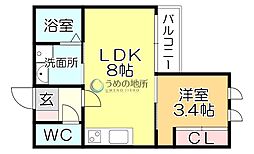 フィーリックス久留米大前I 2階1LDKの間取り