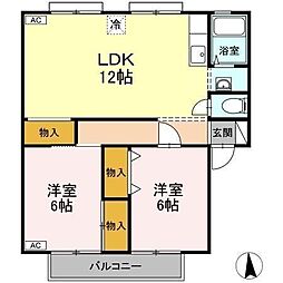 サンビレッジ立花B 2LDKの間取図画像