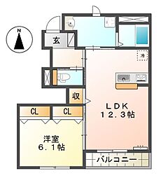 クレッセント若林A 1LDKの間取図画像