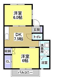 セレーヌ広沢 2DKの間取図画像