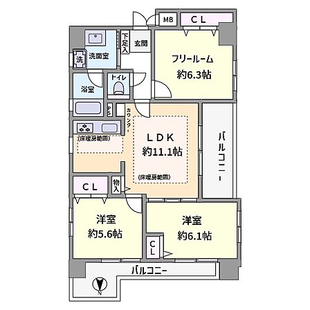 ◆65.36m2 ◆2LDK+S ◆二面バルコニー◆北向き ◆全居室収納あり ◆床暖房あり