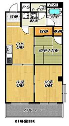 JR片町線(学研都市線) 野崎駅 徒歩3分の賃貸マンション 2階3DKの間取り