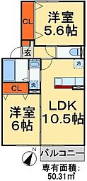 ボナール幸房 1階2LDKの間取り
