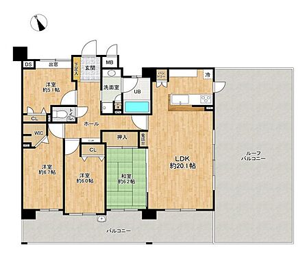 専有面積100m2超のゆったりとした広さのある4LDKです!ルーフバルコニーも広々約42m2!