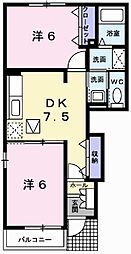 ツインハウスオークB棟 2DKの間取図画像