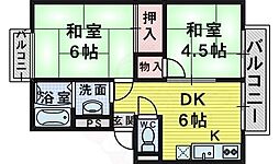 アッシュ上野芝 2DKの間取図画像