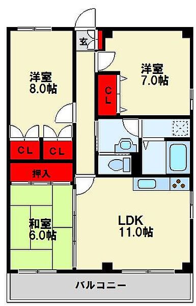 プチメゾン石坪町 201｜福岡県北九州市八幡東区石坪町(賃貸マンション3LDK・2階・75.00㎡)の写真 その2