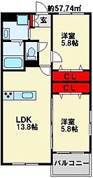 KIRA HIAGARI 2LDKの間取図画像