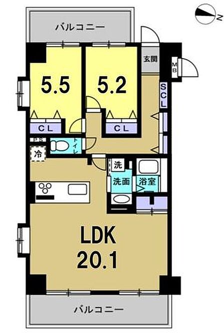 【2LDK】リビング広々20帖!二面バルコニーで開放感のあるお住まい♪
