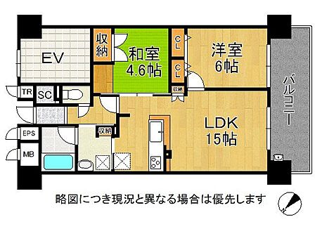 9階建ての6階部分、南西向きで日当たり良好な2LDKの間取りです。