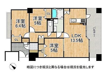 全室洋室の3LDK。対面式キッチンや豊富な収納で生活動線も良好。