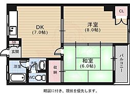 リバーフロントニシヒロ 2DKの間取図画像